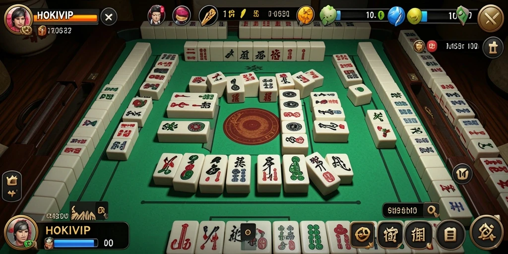 Tampilan gameplay seru HOKIVIP menunjukkan pemain menyusun ubin Mahjong.