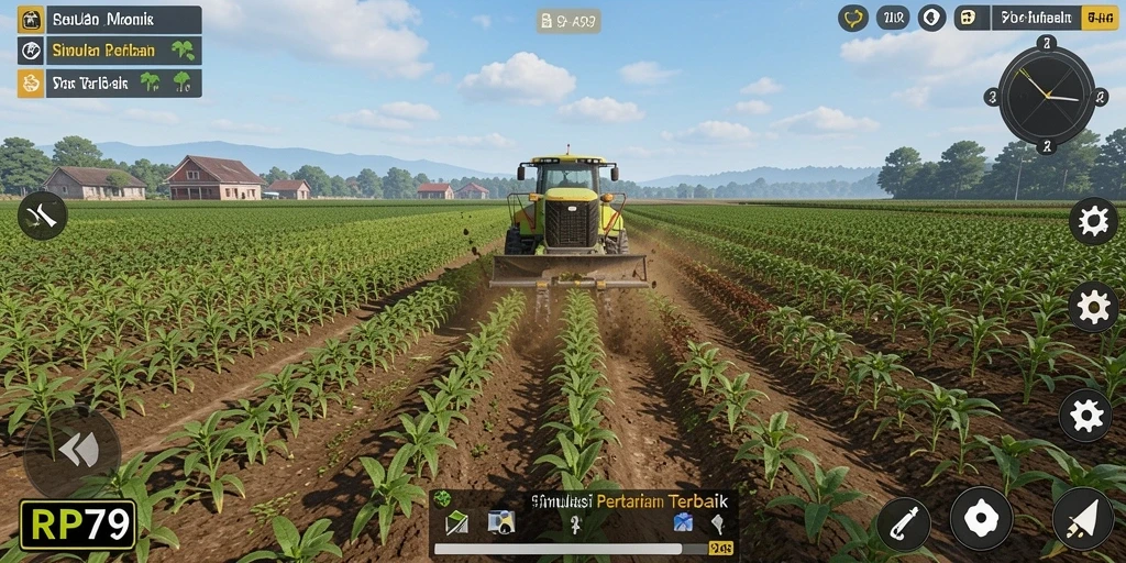 Tangkapan layar gameplay RP79 yang menunjukkan ladang hijau nan subur.