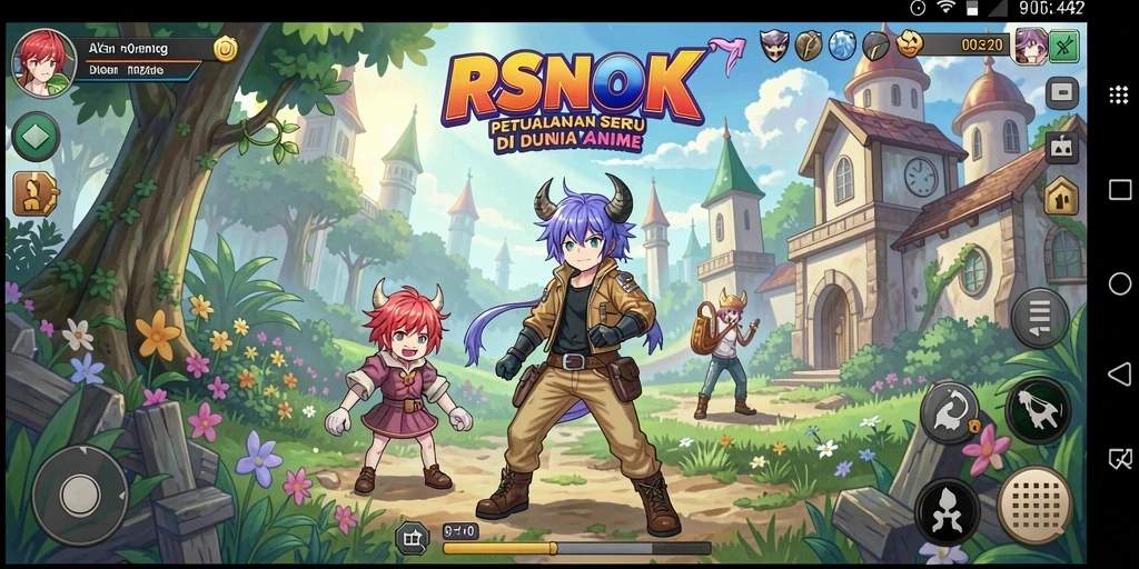 Screenshot gameplay RSNOK menampilkan pertarungan karakter yang dinamis dan penuh warna.