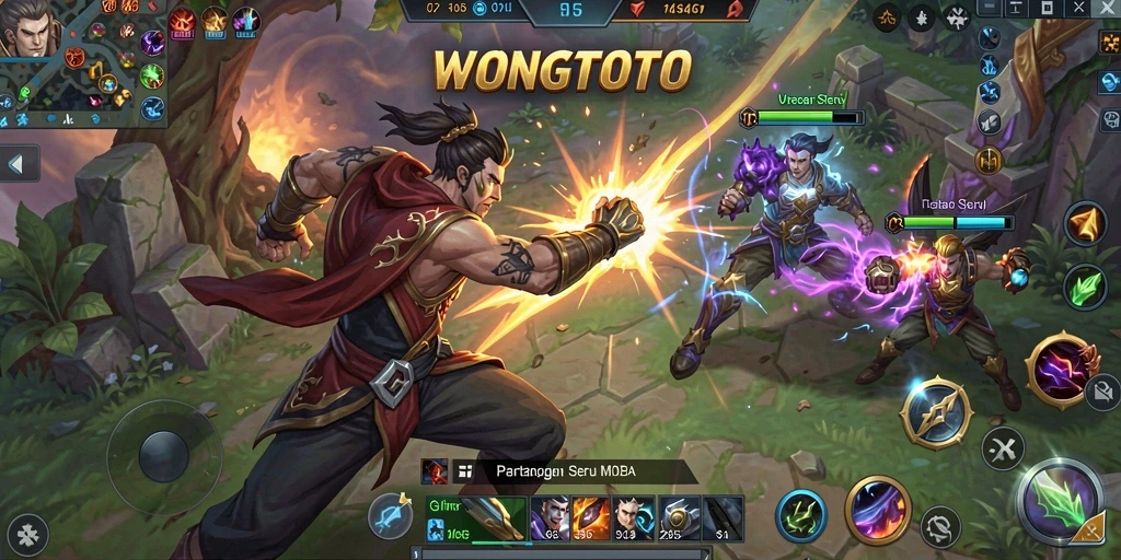 Screenshot utama WONGTOTO menampilkan pertarungan seru dalam game MOBA.